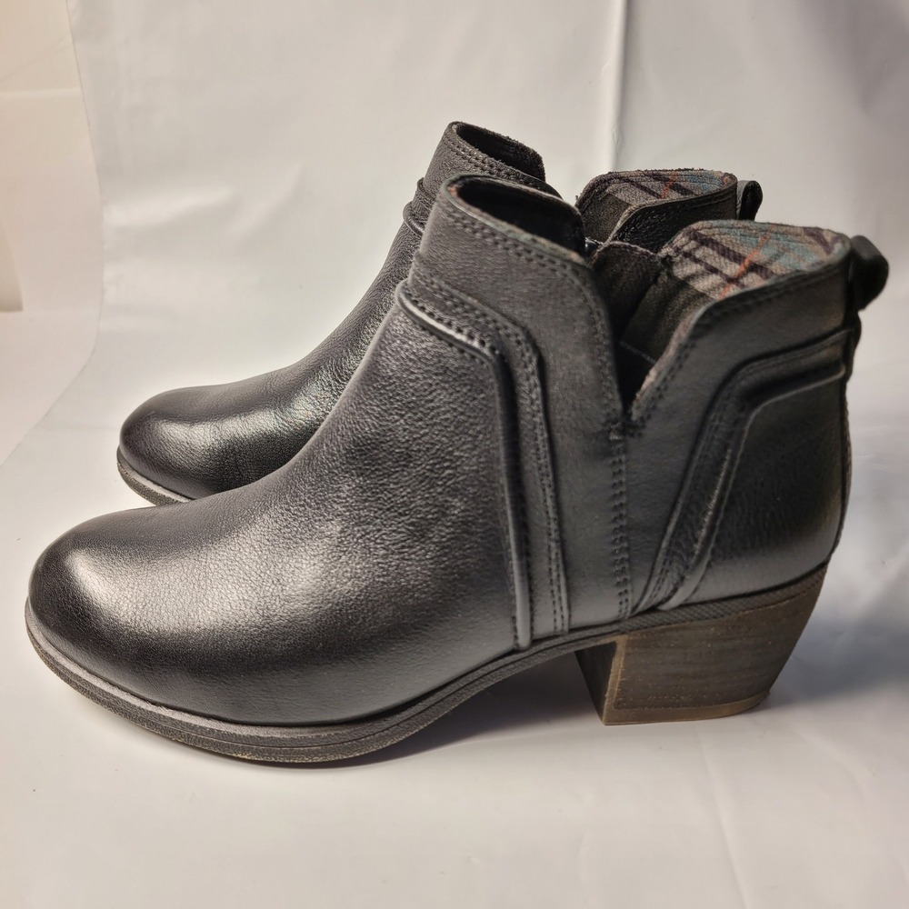 Cobb Hill Ankle Boots Womens 8 Black Leather Plaid Lining Block Heel CH6159‎